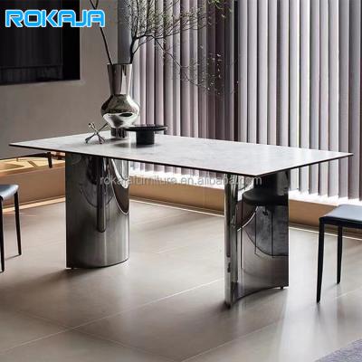 China (Other)Adjustable Rectangular Marble Dining Table Set Light Chipboard Stone Metal Top Frame Dining Table And Chairs Set Dining Room Furniture for sale