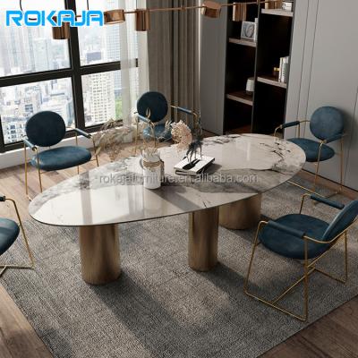 China Adjustable Luxury Egg Shape Marble Oval(Other) Dining Table Set Modern Slate Gold Stainless Steel 3 Legs Slate Dining Furniture 6 8 Chairs for sale