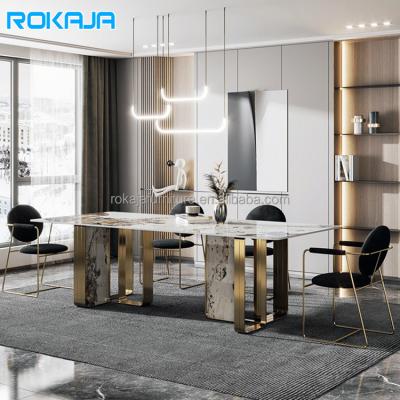 China (Others)Adjustable Premium Marble Dining Tables Set Gold Stainless Steel Frame Slate Dining Modern Kitchen Table Rectangle Dining Table for sale