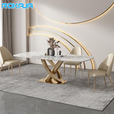 China (Other)Ring Design Adjustable Modern Sintered Stone Dining Table and Dining Chairs Gold Stainless Steel Leg Luxury Marble Dining Table Piece Set for sale