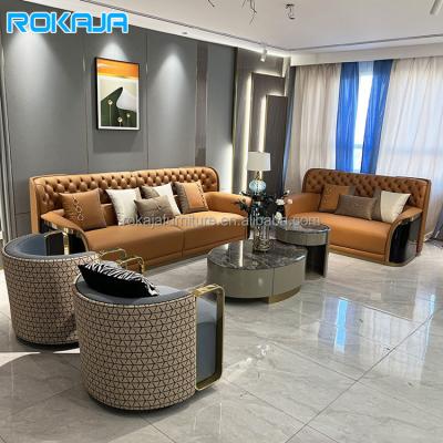 China (Others)Adjustable Minimalist Durable Design Leather Sofa Set Glossy Paint Gold Plated Stainless Steel Design Couch Living Room Lobby Sofa Set for sale