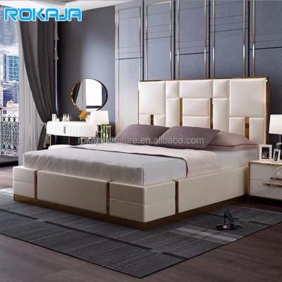 China King Size Bed Gold Adjustable Luxury Metal New Design Leather Headboard (Height) Upholstered Sleep Bed Bedroom Five Star Hotel Furniture Back Beds for sale