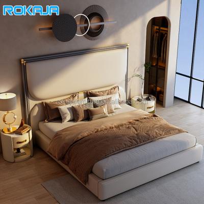 China Adjustable Modern Luxury King Size Bed Soft Sponge Wooden Leather Back Attic Apartment Bed Bedroom Family Couple Marriage Bed for sale