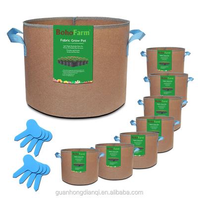 China Plant Grow Pots Eco-Friendly Nonwoven Fabric Aeration Plant Supply 5 Gallons Tan Grow Bags With Blue Strap Handles for sale