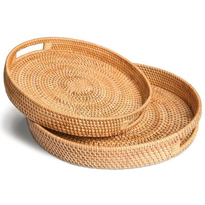 China Viable Factory Wholesale Natural Round Woven Rattan Vietnamese Serving Tray For Dinner Coffee Table for sale