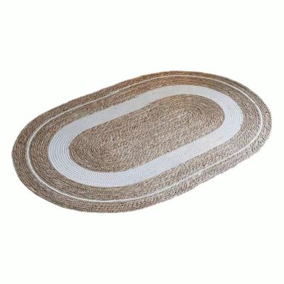 China Minimalist Natural Jute Hand Braided Blanket Grass and Cotton Woven Aera Oval Blanket for sale