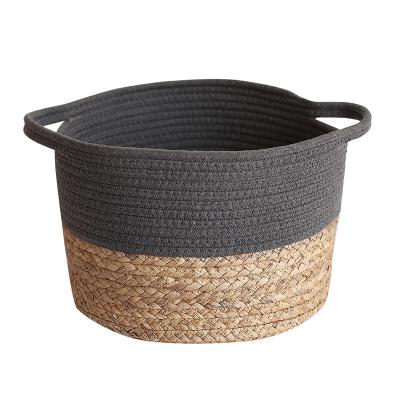 China Large Handmade Viable Straw And Cotton Rope Woven Storage Basket for sale