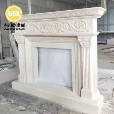 China Modern Porcelain Fireplace Natural Beige Marble Surround, Stone Fireplace Limestone Marble Fireplace Mantel for sale