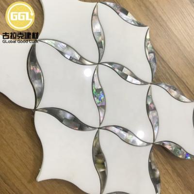 China Parquet stone mosaic slab butterfly sea shell waterjet mosaic tile for sale