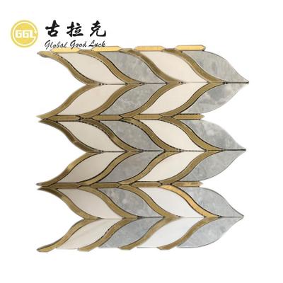 China Waterjet brass parquet marble mosaic slab slab inlay with waterjet marble mosaic for sale