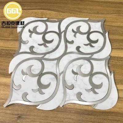 China White Parquet Carrara Inlay Stainless Steel Mosaic Marble Bianco Metal Mosaic for sale