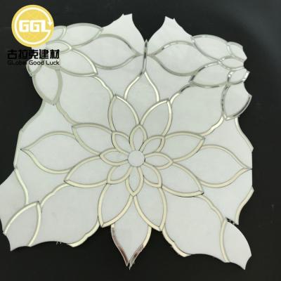 China Antique Parquet Waterjet Mosaic Mirror Glass And Carrara Marble Flower Pattern For Wall Design for sale