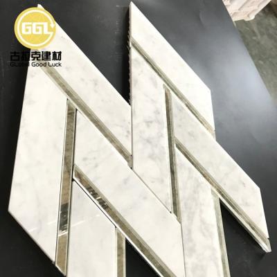 China Antique Parquet Mirror Glass And Carrara Marble Herringbone Pattern Mosaic Slab for sale