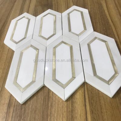 China Parquet Metal Aluminum Mix White Stone Marble Mosaic Flooring for sale