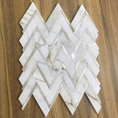 China Parquet calacatta gold slab mix metal marble stone mosaic slab for backsplash for sale