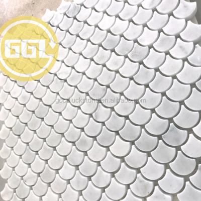 China White Parquet Fan Design Marble Carrara Mosaic Fish Scale Shape Slab for sale