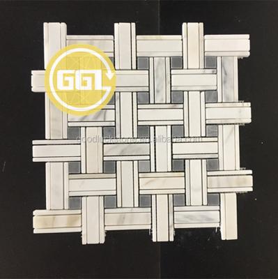 China White Parquet Triple Basketweave Mosaic Marble Calacatta Slab With Gray Dots Stone for sale