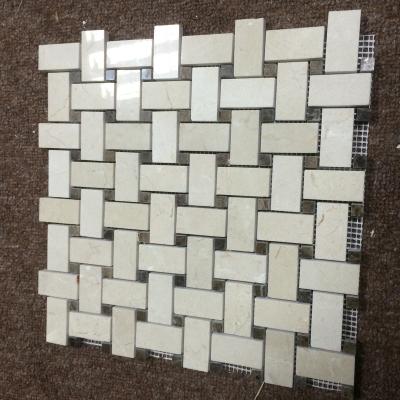 China Parquet Basketweave Beige Marble Mosaic Slab with Gray Dots Polishes Marble Tile for sale