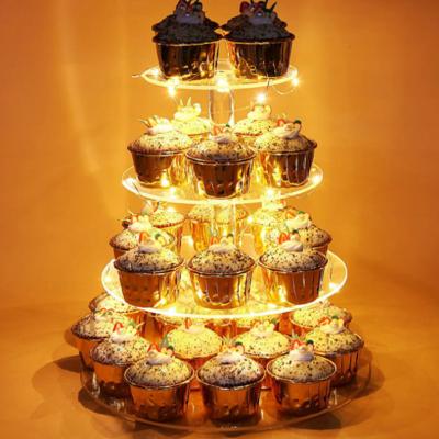 China Wholesale 4 Tier Disposable Eco-Friendly TreeTower For Birthday Wedding LED Display Acrylic Dessert Table Set Buffet Cake Snacks Display Stand for sale