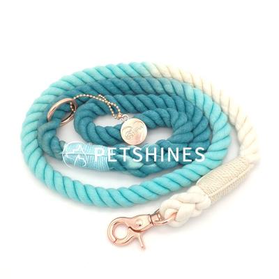 China Padded Braided Rope Dog Leash OEM Ombre Metal Logo Tag Teal Pink Gradient Cotton Ombre Rope Dog Leash for sale