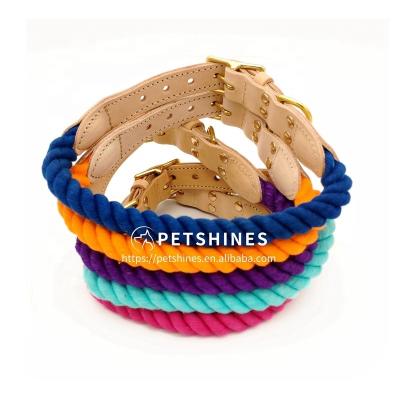 China Factory Braided Viable Ombre Rope Dog Collar Matching Leashes With Leather Pure Cotton Rope Collars Handmade OEM for sale