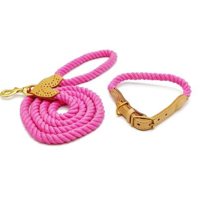 China Viable Braided Rope Dog Leash Cotton Rope Leash Collar Set Solid Rope Dog Leashes Collars Handmade Leather Matching for sale