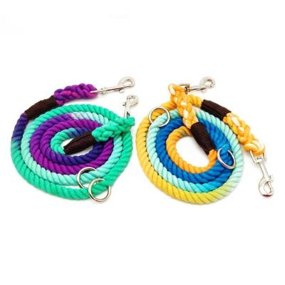 China Sustainable Manufacturer New Multi-Function Rope Leash OEM Braided Rope Dog Leads Two Hooks Ombre Cotton Leashes for sale