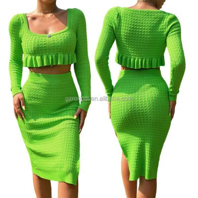 China Waterproof Grass Green Skirt Set For Women Fashion Long Sleeve Crop Top And Maxi Skirt Outfit Autumn Sexy Split Slim Club Dress 2022 for sale