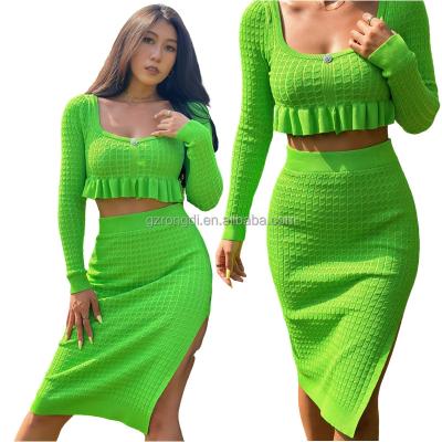 China Waterproof Women's Cable Knitted 2 Piece Outfits Long Sleeve Low Neck Sweater Top And Midi Dress Set Casual Fashion Sweater Suit For Women for sale