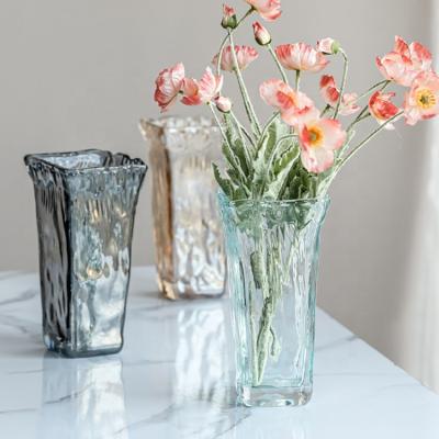 China Nordic Clear Wide Square Transparent Rose Murano Rectangle Decoration Flower Glass Vase Home Decor Minimalist Luxury for sale