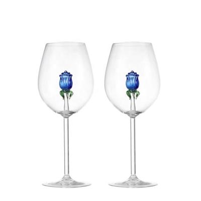 China Wholesale High Quality Lead Free Crystal Handmade Blue Rose Inside Red Wine Glasses Europe Red Wine Glasses for sale