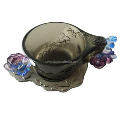 China Stocked Rose Flower Decorated Purple Crystal Tea and Coffee Mug with Plate for sale