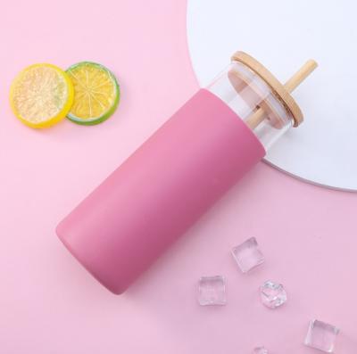 China Viable Sleeve Glass Water Silicone Drinking Bottle With Lid Cover 500ml Custom Bamboo Silicone Sleeve Glass Water Drinking for sale