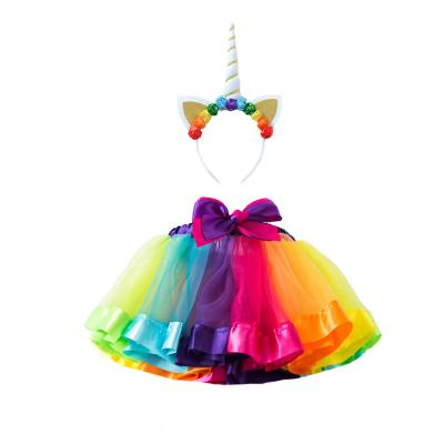 China Europe and America Little Girls Layered Tulle Ballet Rainbow Tutu Skirt with Flower Leather Unicorn Headband Glitter for sale