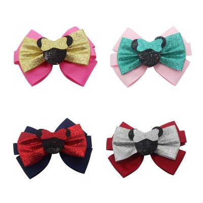 China Ribbon Sequin Hair Bow Double Layer Bow Tie Hair Clip For Girl for sale