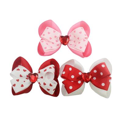 China 2021 Newest Valentine's Day Hair Bows With Red Heart Shape Rhinestones Center For Kid's Celebration 5.5 Inch for sale