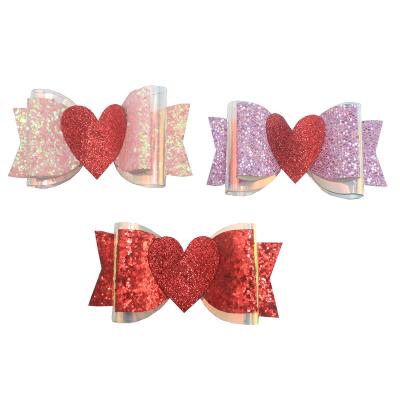 China Valentine's Day Double Stacked Baby Hair Bow With Clip Glitter Love Heart In Medium Bows 5.5 Inches for sale