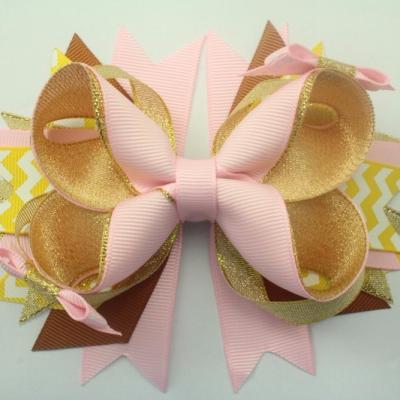 China Stain ribbon gold and pink zigzag ribbon hair bows boutique hair bows for girl for sale