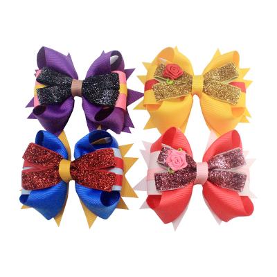 China Hot Cute Baby Princess Hair Bows With Shiny Pink Flower Ribbon Hair Clip 5.5 Inches for sale