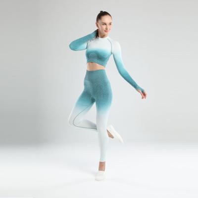 China Breathable Women Fashion Long Sleeve Gradient Colors Yoga Suit For Women Fitness Long Sleeve+Leggings Yoga Yoga Suits for sale