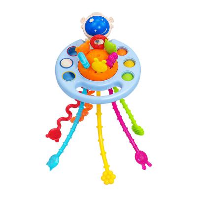 China Musical Baby Flying Saucer Cheer Sensory Handle Training Early Education Toy Food Grade Soft Silicone Teether Rope Activity Toy for sale