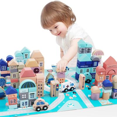 China DIY TOY 133PCS Racing City Scenes Assembled Wooden City Blocks Building Early Educational Toys for sale