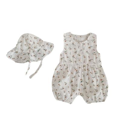 China 2023 100% Cotton Baby Clothes Sleeveless Baby Clothes Romper Knitted Flowers Plaid Overalls +Hats for sale