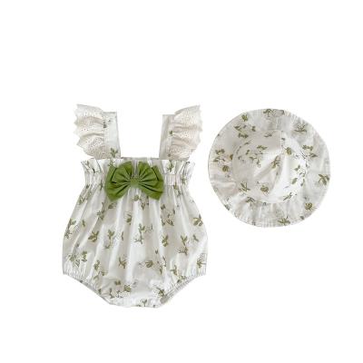 China Cotton 100% 2023 European American Summer Baby Clothes Print Flower Baby Rompers Sleeves Baby Rompers Set With Hats for sale