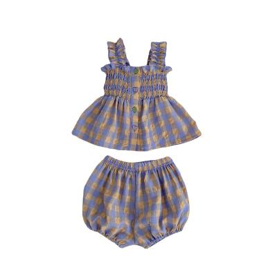 China New Design 2023 Summer Anti-shrink Casual Newborn Baby Clothing Sets Cotton Plaid Tops +Shorts Two Pcs Plaid Suit for sale