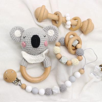 China Baby Toy Rattle 4pcs Koala Crochet Cotton Natural Wooden Teethers Silicone Baby Newborn Baby Set for sale