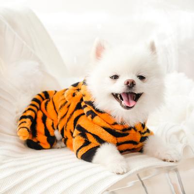 China Custom Designer Stocked Faux Fur Tiger Hoodies Pet Sportswear Heated Dog Clothes Cape Style Winter Dog Coats and Jackets for sale