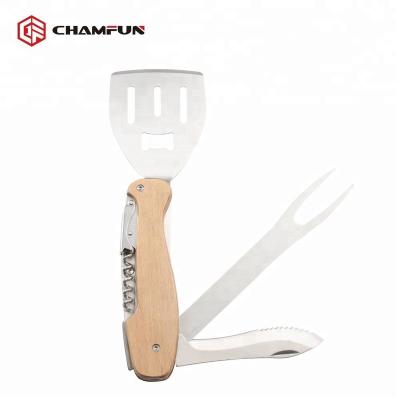 China Easily Cleaned Detachable and Portable Wooden Handle 5 in1 Function BBQ Tool Kit in BBQ Tools Food Safe for sale