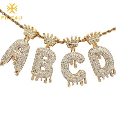 China Hiphop Hip Hop Jewelry Gift Crown Water Drop Zircon Stone Letter Initial Bling Necklace for sale