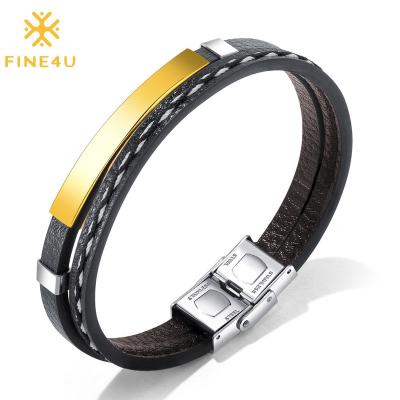 China FASHIONABLE Custom Men's Double Layered Stainless Steel Bar Blank Logo Name New Arrival Leather Bracelet for sale